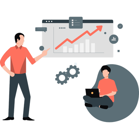 El hombre está mirando los datos de la infografía de la empresa.  Ilustración