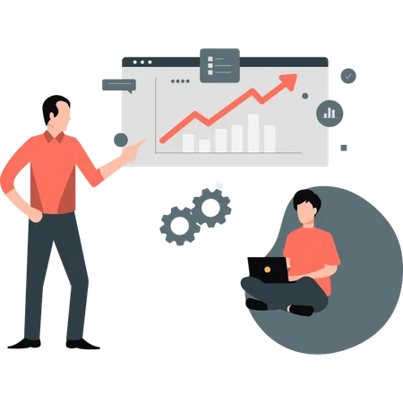 El hombre está mirando los datos de la infografía de la empresa.  Ilustración