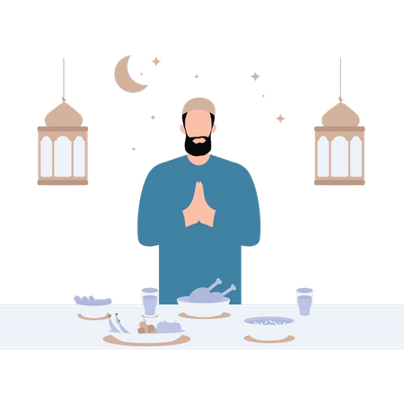 El hombre está orando antes de comer.  Ilustración