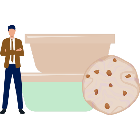 El hombre está de pie junto a las galletas de la panadería.  Ilustración