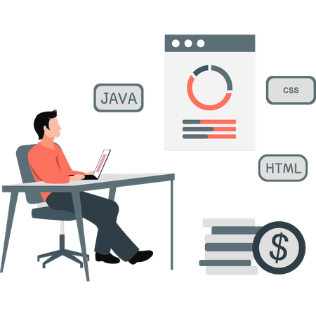 El hombre está programando en una computadora portátil.  Ilustración