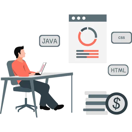 El hombre está programando en una computadora portátil.  Ilustración