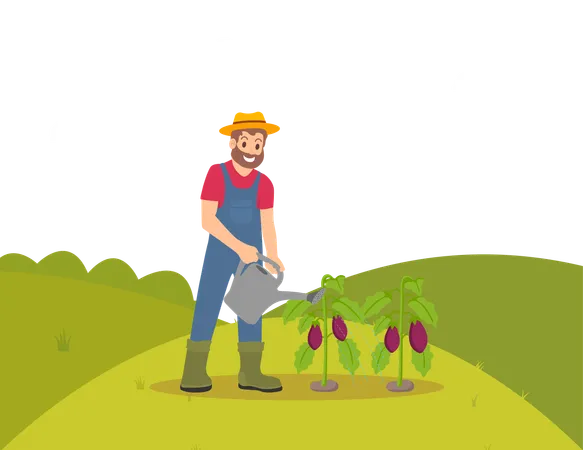 El hombre está regando las plantas.  Ilustración