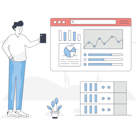 El hombre está revisando el gráfico analítico de la web.  Ilustración