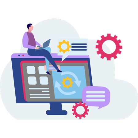 El hombre está trabajando en la configuración de recarga en la computadora portátil  Ilustración