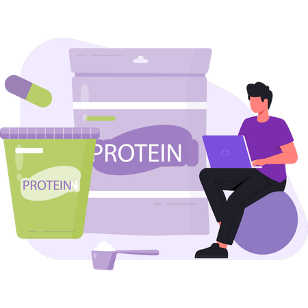 El hombre está trabajando en la medicina de proteínas en una computadora portátil.  Ilustración