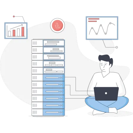 El hombre está trabajando en una plataforma de criptomonedas.  Illustration