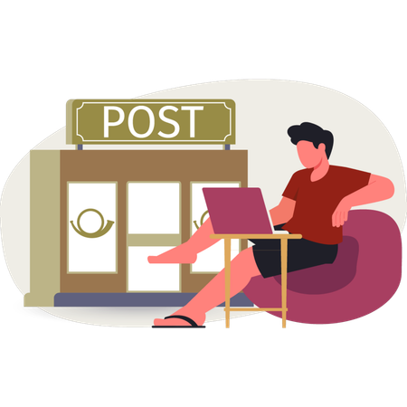 El hombre está trabajando en una publicación en la computadora portátil.  Illustration
