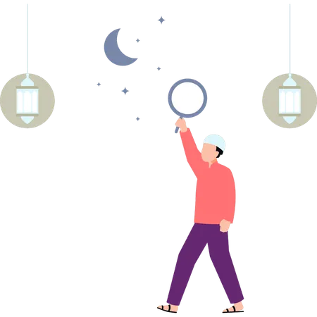 El hombre está viendo la luna de Eid.  Ilustración