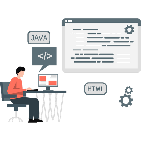 El hombre está explicando la codificación en la página web.  Ilustración