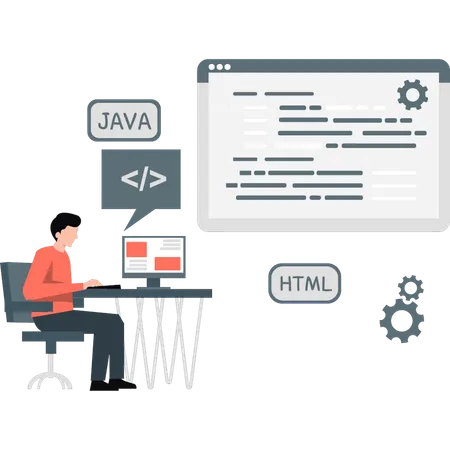 El hombre está explicando la codificación en la página web.  Ilustración