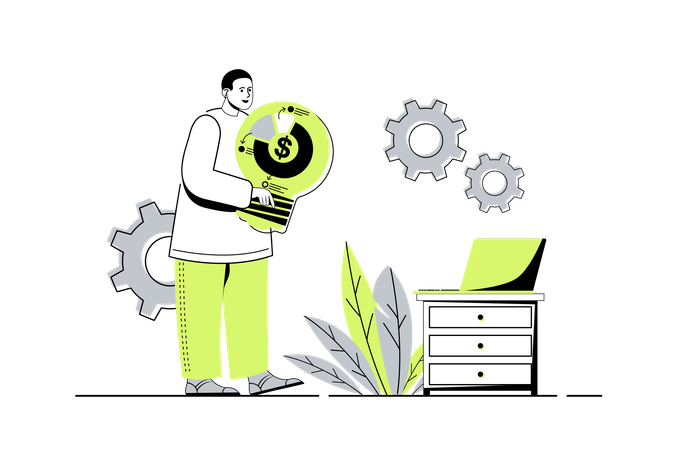 El hombre genera nuevas ideas y soluciones financieras  Ilustración