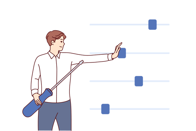 El hombre gestiona negocios utilizando controles deslizantes de configuración para controlar los procesos de ejecución de planes  Ilustración