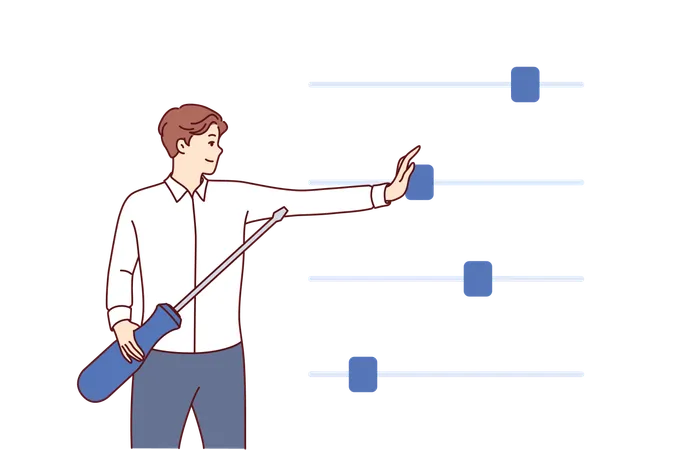 El hombre gestiona negocios utilizando controles deslizantes de configuración para controlar los procesos de ejecución de planes  Ilustración