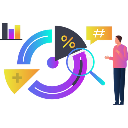 El hombre habla de datos de gráficos circulares.  Ilustración