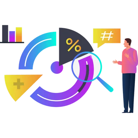 El hombre habla de datos de gráficos circulares.  Ilustración