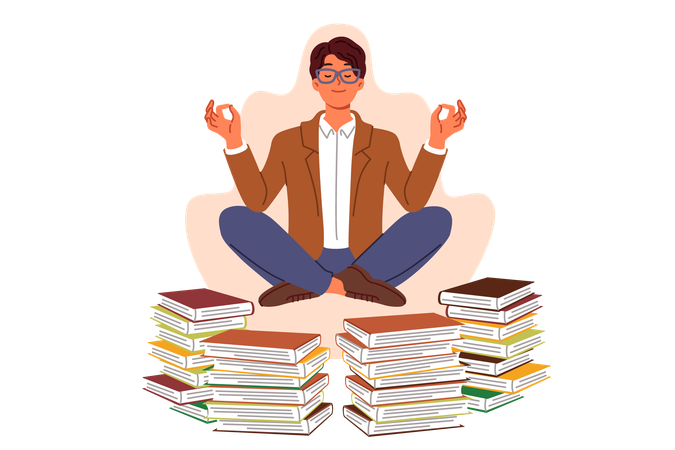 El hombre hace yoga y meditación tomando un descanso de la lectura de libros levitando en posición de loto  Ilustración