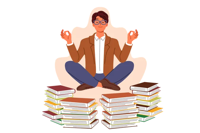 El hombre hace yoga y meditación tomando un descanso de la lectura de libros levitando en posición de loto  Ilustración