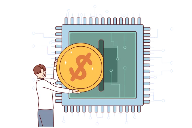 Un hombre invierte en el desarrollo de microchips y semiconductores insertando una moneda en un microprocesador  Ilustración