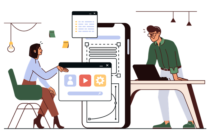 El hombre le cuenta y le muestra al cliente sobre el diseño de interfaz desarrollado para una nueva aplicación.  Illustration