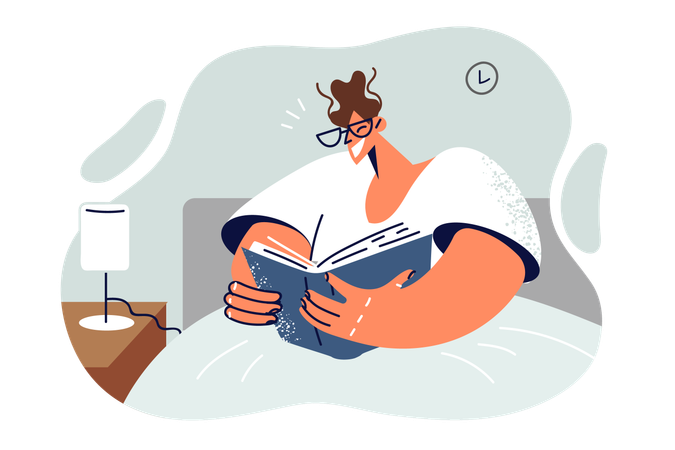 El hombre lee un libro sentado en la cama antes de irse a dormir y disfruta adquiriendo nuevos conocimientos de la literatura  Ilustración