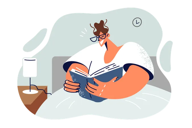 El hombre lee un libro sentado en la cama antes de irse a dormir y disfruta adquiriendo nuevos conocimientos de la literatura  Ilustración