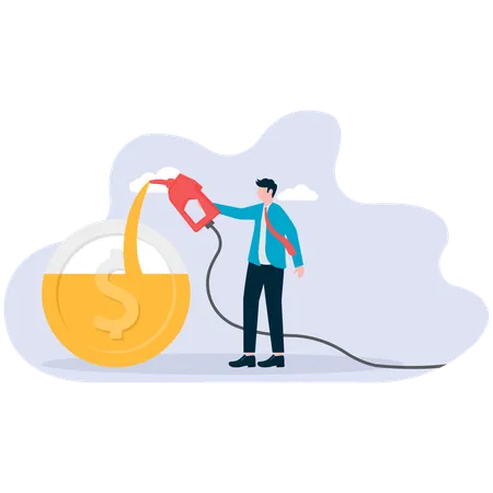 El hombre llena monedas con bombas de combustible cuyos cables representan un gráfico ascendente  Ilustración
