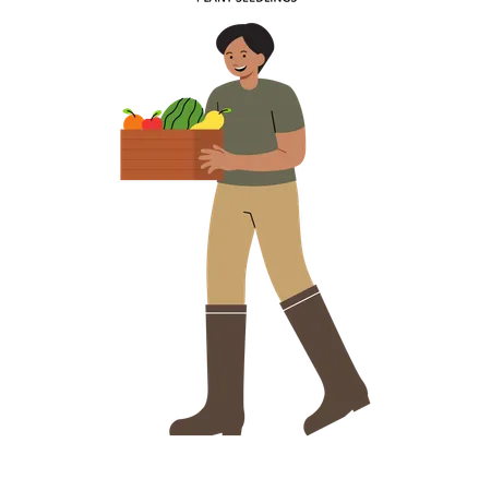 El hombre lleva una cesta de frutas.  Ilustración