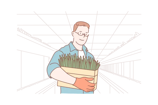 El hombre lleva una cesta de verduras.  Ilustración