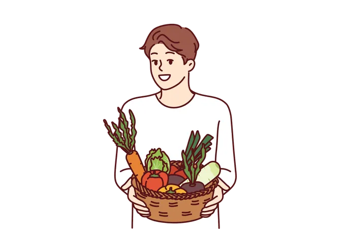 El hombre lleva una cesta de verduras crudas.  Ilustración