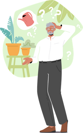 El hombre mayor olvidó regar las plantas  Ilustración