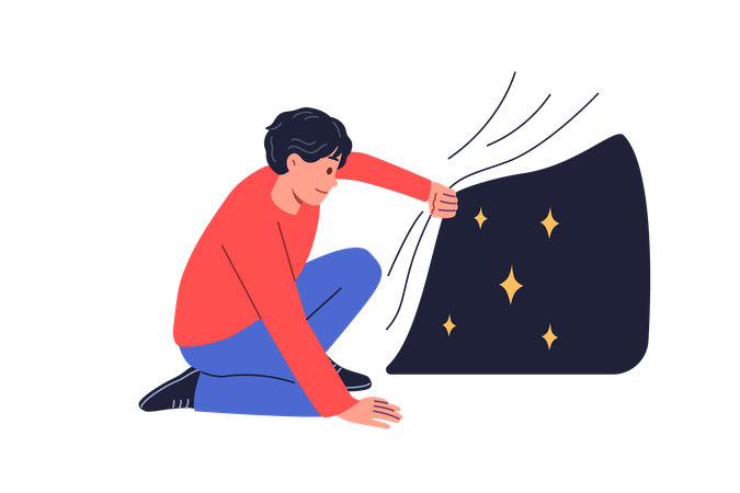 Un hombre mira el cielo estrellado escondido bajo una tela y siente curiosidad al ver un espacio estrellado desconocido  Ilustración