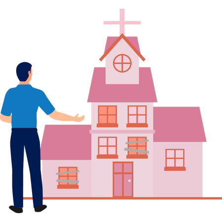 El hombre está mirando la iglesia de la trinidad de Gergeti.  Ilustración