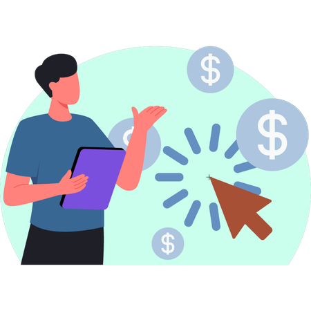 El hombre muestra una moneda de dólar.  Ilustración