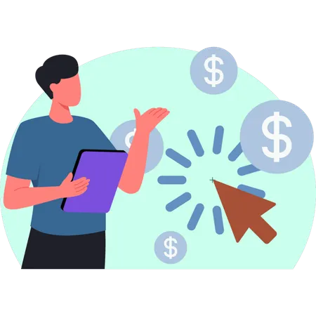 El hombre muestra una moneda de dólar.  Ilustración