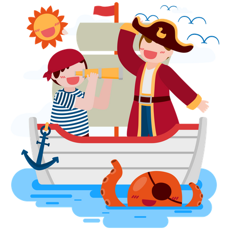 El pirata y el chico de las ensaladas usan binoculares en un barco y calamares en el mar  Ilustración