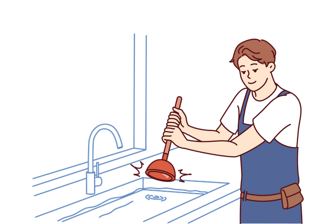 Un plomero vestido con un mono usa un émbolo para eliminar la obstrucción en el fregadero de la cocina o el baño  Ilustración
