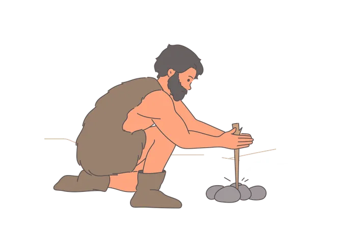 El hombre primitivo hace fuego usando ramas de árboles y piedras en proceso de desarrollo evolutivo  Ilustración