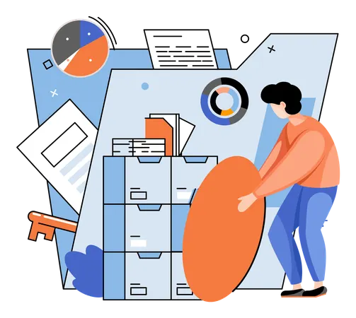 Hombre trabajando en la gestión de datos  Ilustración