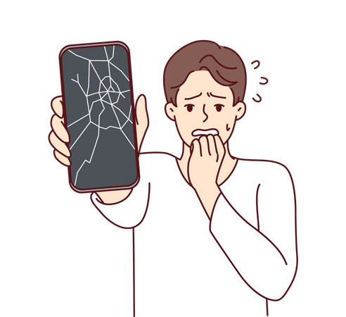 Un hombre reacciona al teléfono roto llevándose la mano a la boca y experimentando un shock debido a la avería  Ilustración