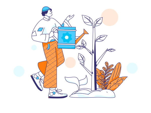 El hombre riega las plantas a diario  Illustration