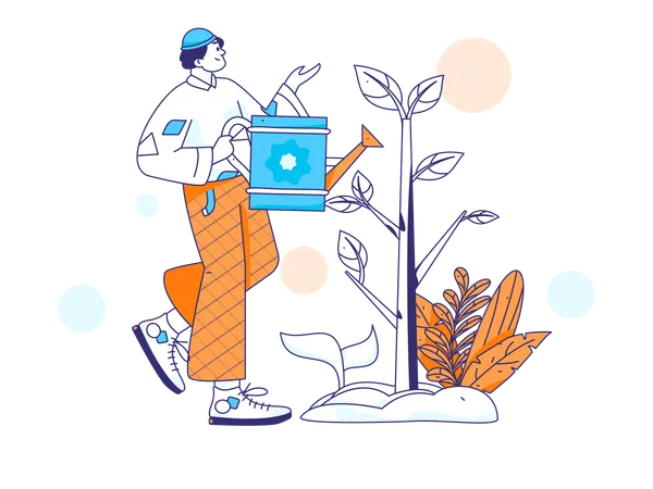 El hombre riega las plantas a diario  Illustration