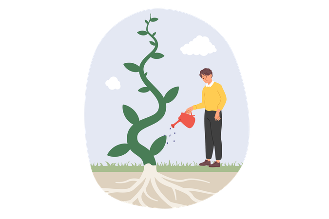 Un hombre riega un árbol fantástico que disfruta de un rápido crecimiento de la planta gracias a un fertilizante de alta calidad  Ilustración