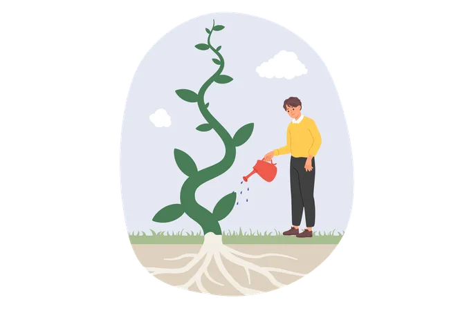 Un hombre riega un árbol fantástico que disfruta de un rápido crecimiento de la planta gracias a un fertilizante de alta calidad  Ilustración