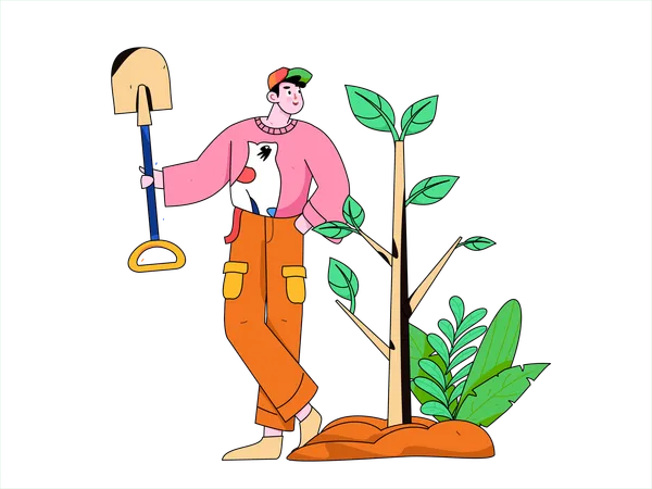 El hombre salva nuestras plantas del corte  Ilustración