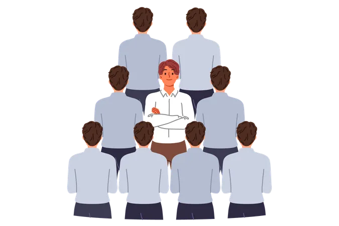 El hombre se destaca entre la multitud de colegas de negocios debido a su individualidad o mejores habilidades profesionales.  Ilustración