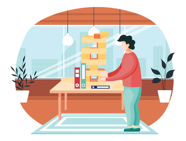 El hombre se divierte y juega Jenga.  Ilustración