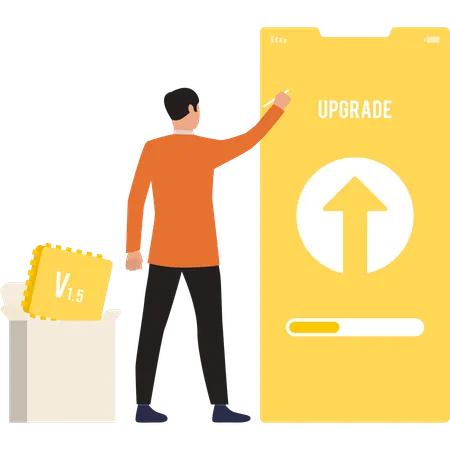 El hombre se refiere al sistema de actualización en el móvil  Ilustración