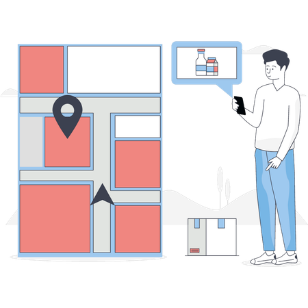 El hombre está señalando la ubicación del mapa.  Ilustración