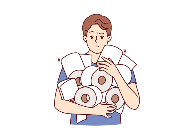 El hombre sostiene un montón de papel higiénico en las manos  Ilustración